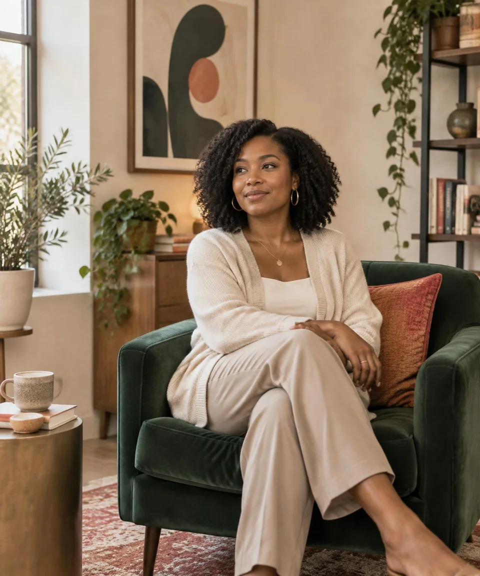 A Black woman sitting comfortably in a forest green chair in a warm, welcoming wellness space
