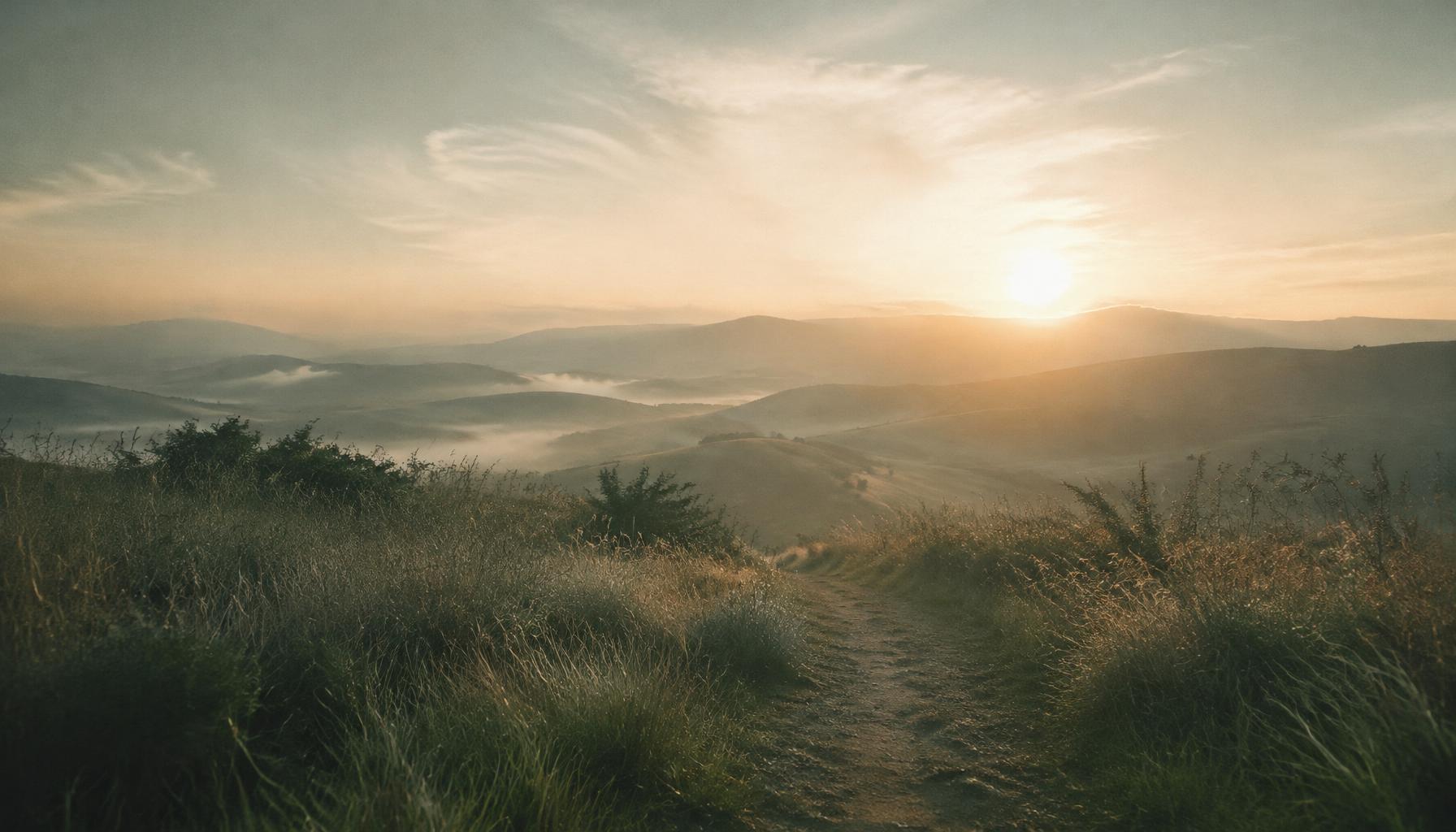 A quiet path through tall grass toward soft morning light