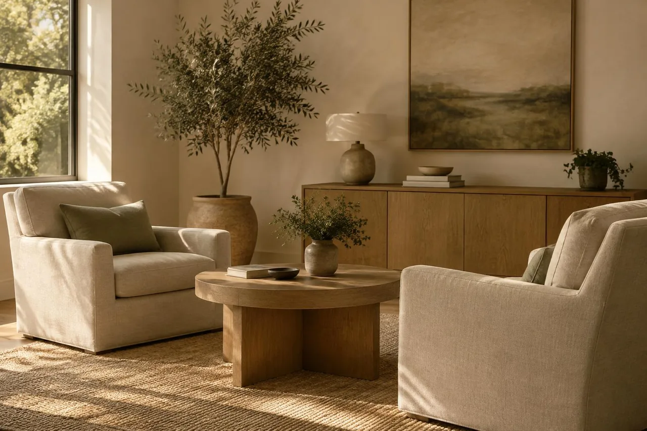A calm counseling room with two linen armchairs in warm afternoon light